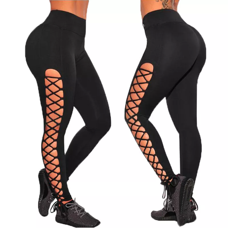 Women's Cutout Leggings Open Cross Workout High Waisted Lace Up