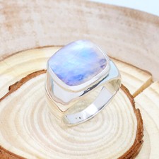 Rainbow Moonstone Cushion Cut 925 Sterling Silver Handmade Men's Ring Jewelry