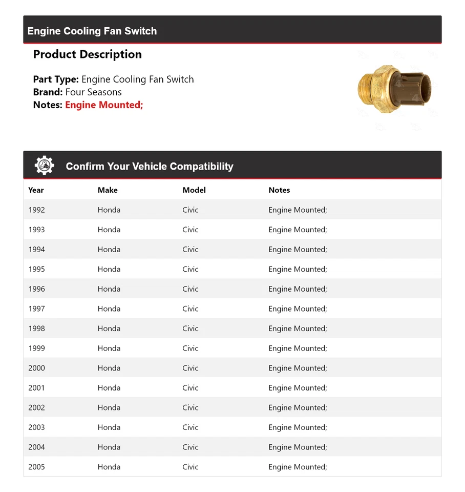 Interruptor de ventilador de refrigeração do motor Honda Civic 1992-2005 4 estações 1993 1994 1995 - Imagem 2 de 4
