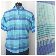 Vintage Best Choice Blue Plaid Button Down Top Size Small 36" Bust