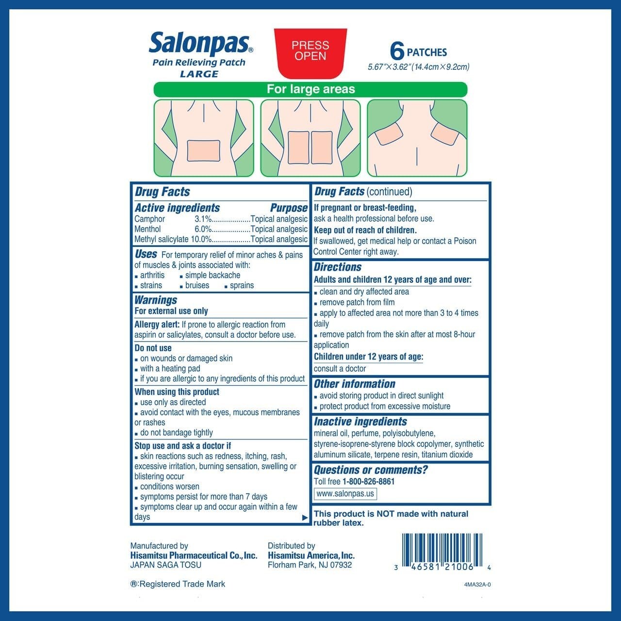 Salonpas Large Pain Relieving Patches, 6 Count, for Multi-Area Pain Relief