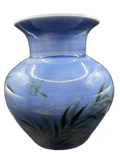 Vintage Siam Celadon Blue Vase, Birds and Reeds Design, Wood Ash Glaze, Thailand