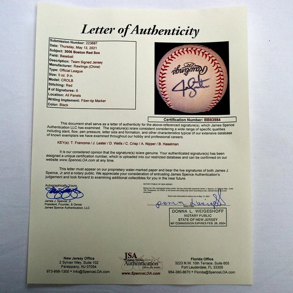 2006 Boston Red Sox Team Signed Baseball 6 players! JSA LOA; Crisp Lester & More - Image 3 of 4
