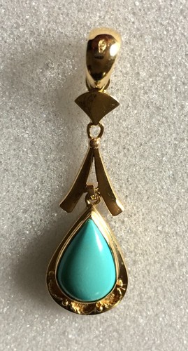 Raro gioiello ciondolo a goccia in oro giallo e turchesi di taglio cabochon - Foto 4 di 7