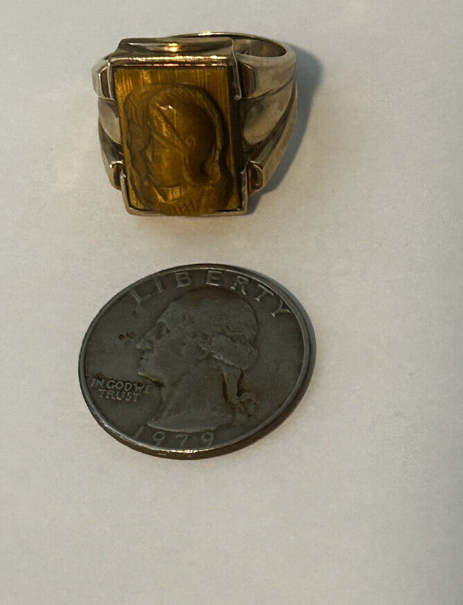 Vintage Tigereye Cameo 10 Kt Gold Men’s Ring. - image 8