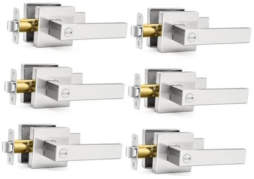 Square Door Lever Privacy Door Lock Handleset, 6 Pack Satin Nickel Finish-image