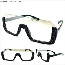 Classic Retro Shield Style Clear Lens Slight Tint SUNGLASSES Black Glitter Frame