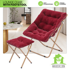 Foldable Faux Fur Saucer Chair Home Red Oversized Upholstery Moon Seat w/Ottoman