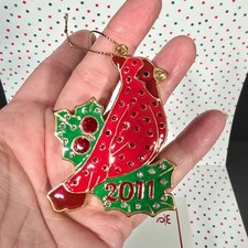 Danbury Mint 2011 Cardinal Bird Christmas Ornament Red Green Gold Tone Crystals