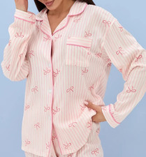 Women's S Striped PajamaSet PinkWhite ButtonDown Bows Trim Knit Lounge Set Comfy