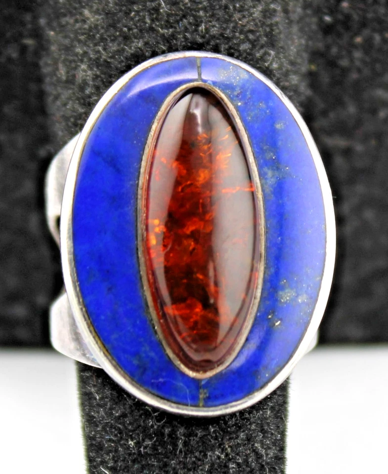 Southwestern Signed Jay King DTR Sterling Silver Lapis Lazuli Amber Eye Ring sz7 - Image 3 of 4