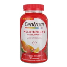 5 Pack Centrum Multi+Omega-3 Gummies, Natural Strawberry, Lemon & Orange, 110 Ct
