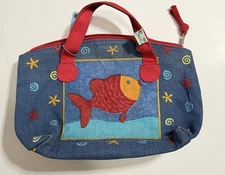 Sun N Sand Coastal Fish Canvas Zipper Lunch Box Beach Bag Red Blue & Yellow