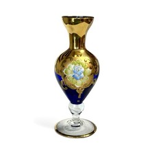 Vtg Murano Italy Cobalt Blue Art Glass Bud Vase 24k Gold Enamel Raised Floral