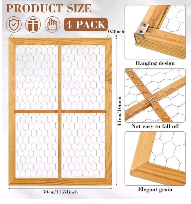 Chunful 4 Pack Chicken Wire Wooden Frame Unfinished Wood Window Frame.