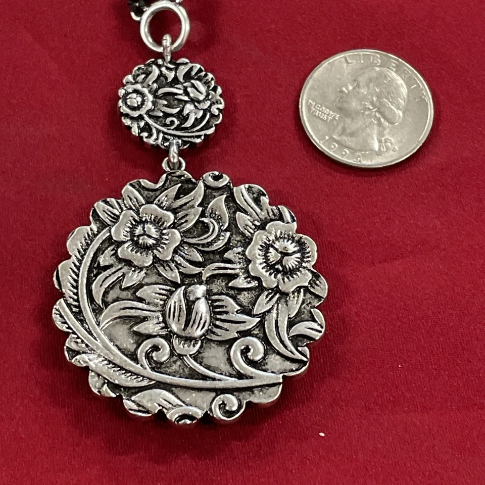 Lucky Brand Round Silver Toned & Blue Pendant Black Rope 28” Necklace NWT - Image 4 of 4