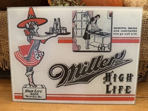 Vtg Miller High Life Beer Girl Glass Cutting Board Sign Bar