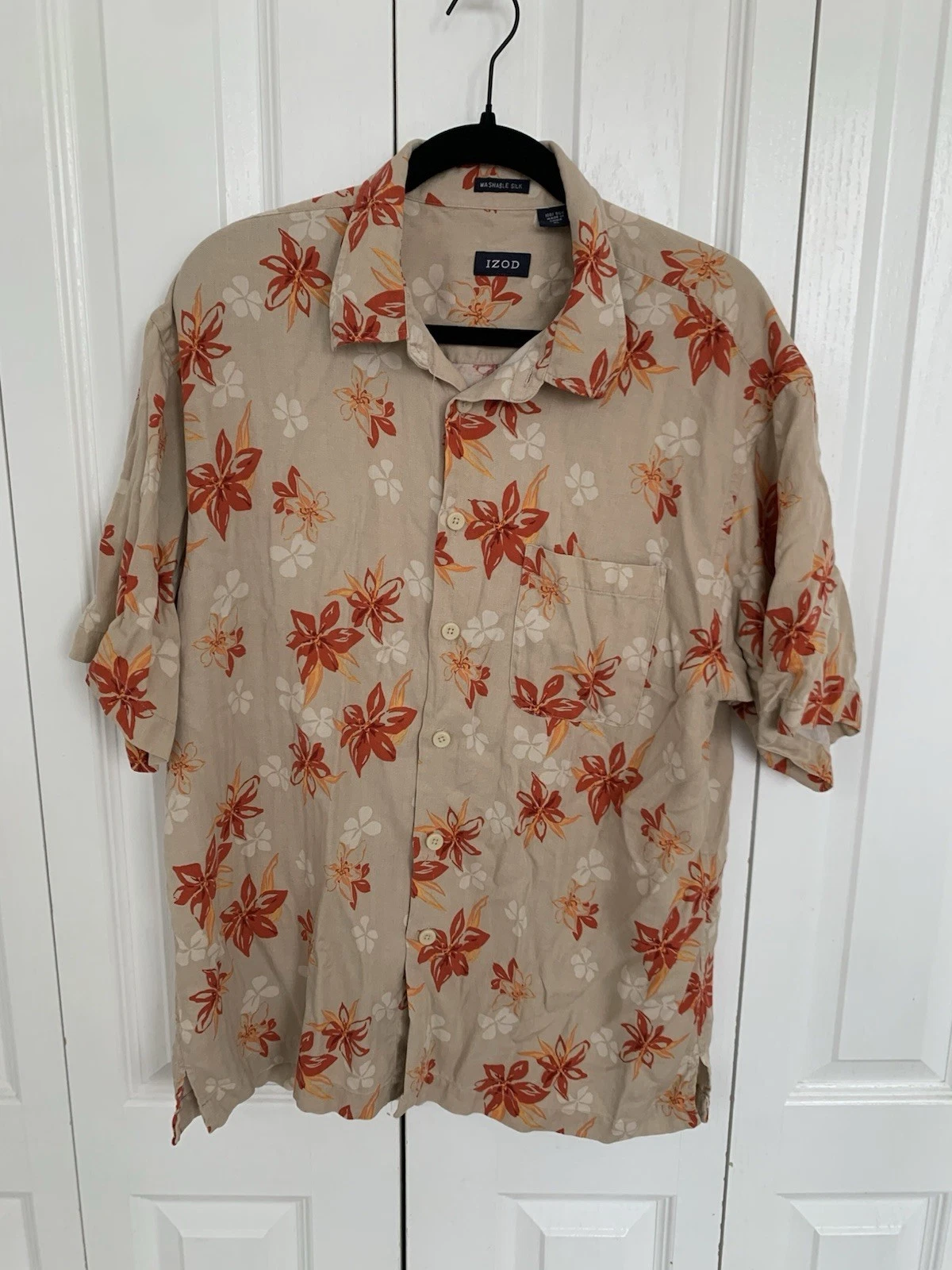 Izod Mens Button Up Shirt Short Sleeve Size XL Hawaiian Floral Orange 100% Silk