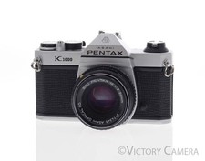 Pentax K1000 Chrome 35mm Film Camera w/ 50mm f2 Lens EXC 