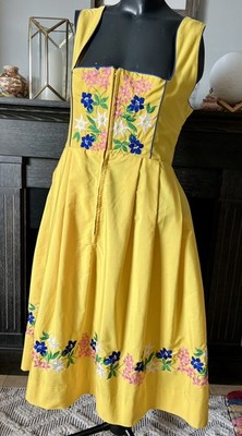 Vintage Licht Trachtenhaus Dirndl Oktoberfest Yellow Dress Floral Embroidery M