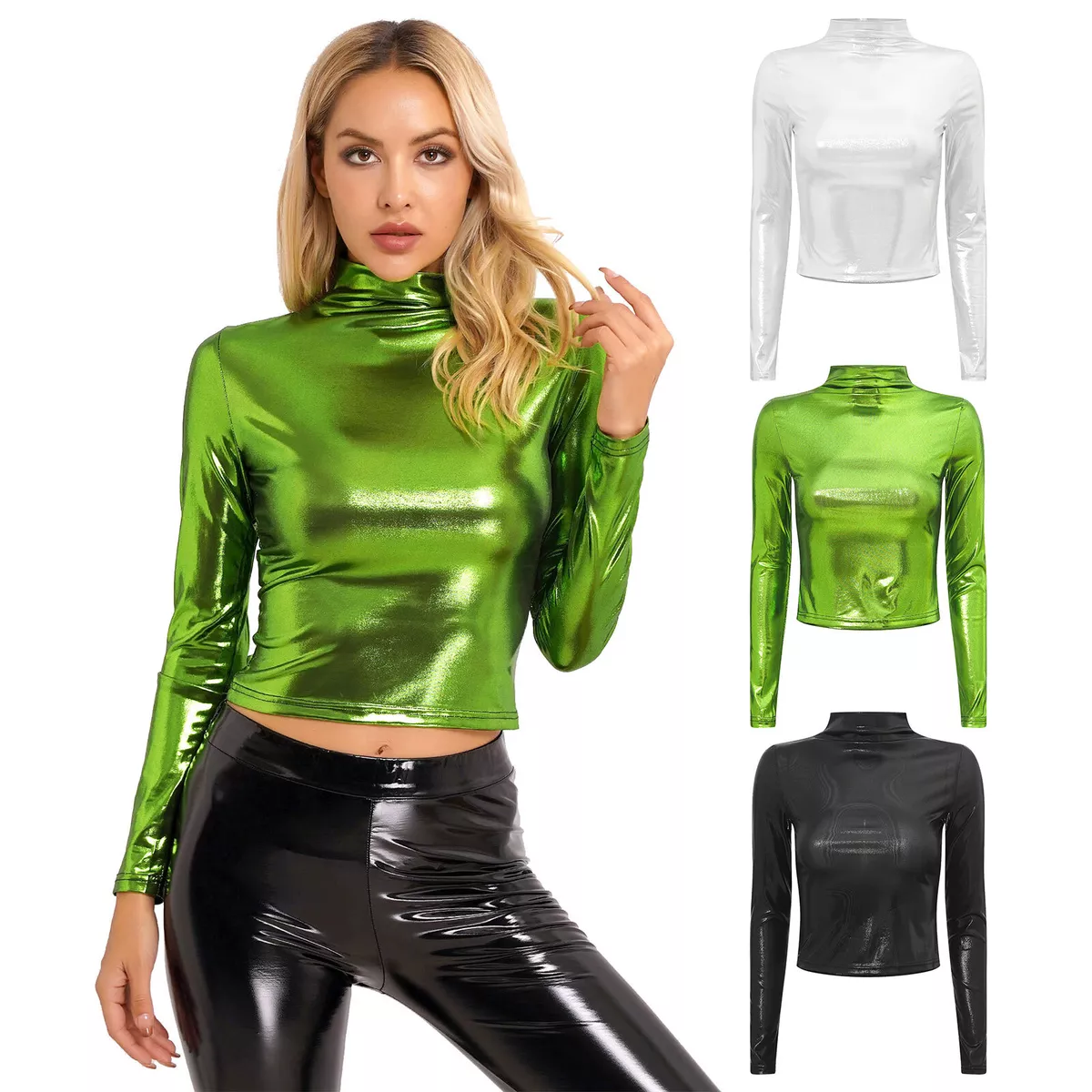 Womens Turtleneck Short Sleeve Crop Top See-Through Mesh Slim Fit Yoga  T-shirt