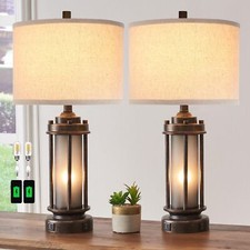 Set of 2 Farmhouse Lamps for Living Room, Rustic Vintage Bedroom Nightstand T...