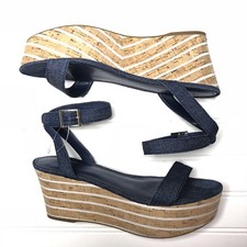 Charles and Keith Womens Sz 38 Blue Denim Stripe Cork Platform Sandals 80390232