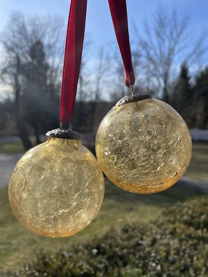 Kugel Style Gold Crackle Glass Christmas Tree Ornaments Set of 2