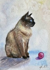 Gatto siamese 21*15 cm animale domestico quadro acquerello originale