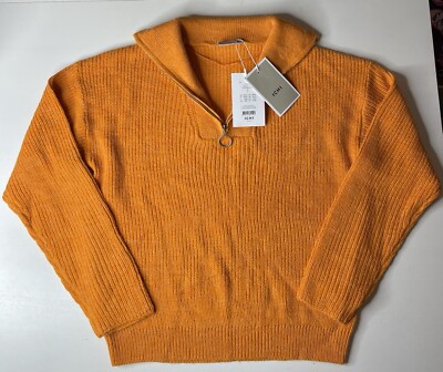 ICHI Bright Orange Chunky Cable Knit Zip Up Neck Long Sleeve Jumper Size S  UK