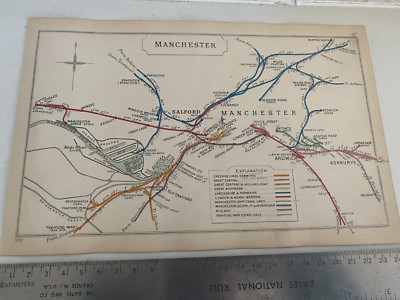 MANCHESTER SALFORD ECCLES BESWICK ASHBURYS TRAFFOR NEWTON HEATH EISENBAHNKARTE 1910