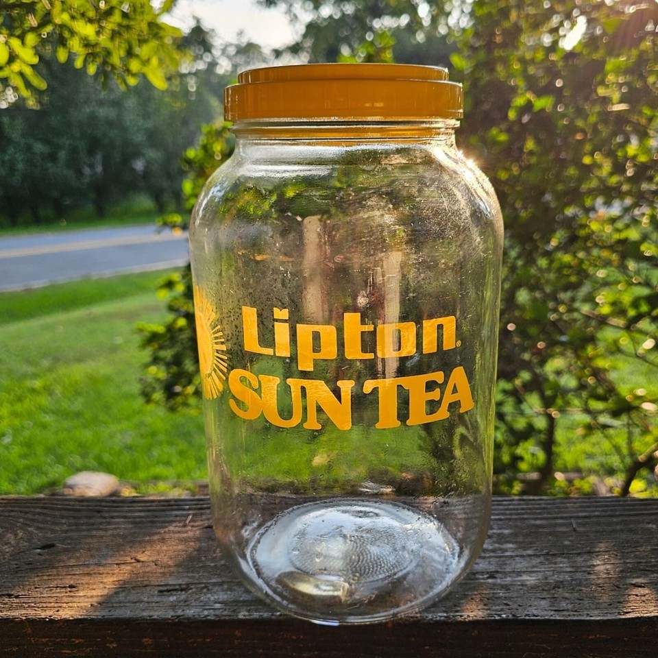 Vtg Lipton Sun Tea Jug Glass Gallon Jar 80s Retro Yellow Flip Top Lid NO HANDLE eBay