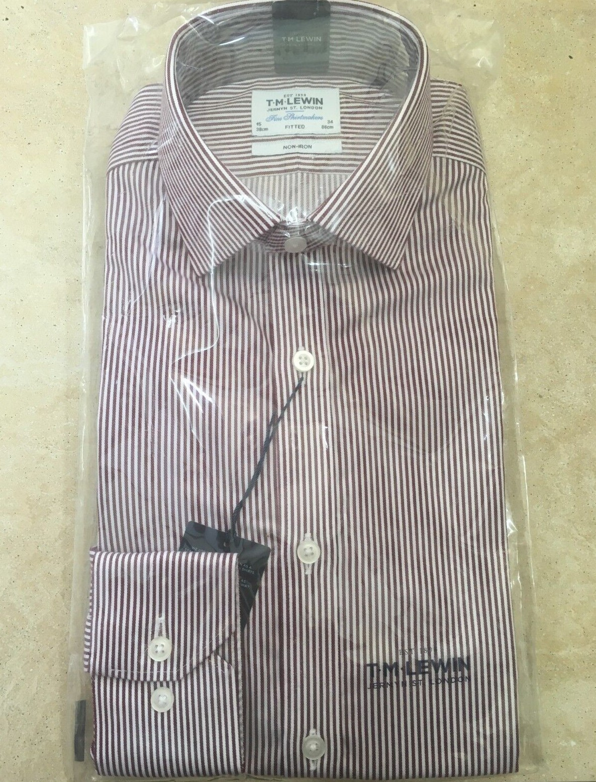 TM Lewin Non-Iron Shirt Fitted Button Cuff 15"" BNWT RRP £64.95 Burgundy Stripe