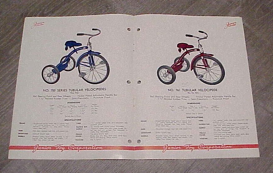 Vintage 1947 Junior Toy Tricycle Catalog, 8 Tricycles in Color, Hammond