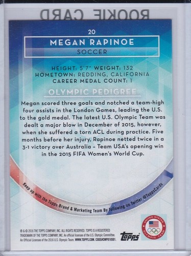 MEGAN RAPINOE ROOKIE CARD Women's Soccer TEAM USA 2016 Topps RC Olympic Team - Picture 2 of 2