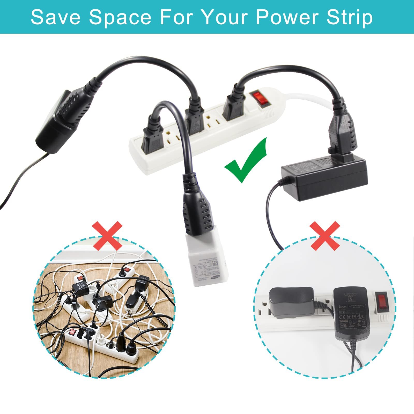 6 Pack Short 3 Prong Power Extension Cord - 6inch Black Mini Indoor Grounded ...