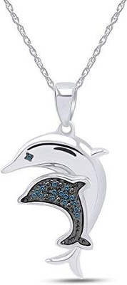 Mom & Baby Dolphin Pendant Necklace Blue Natural Diamond Sterling Silver I2-I3