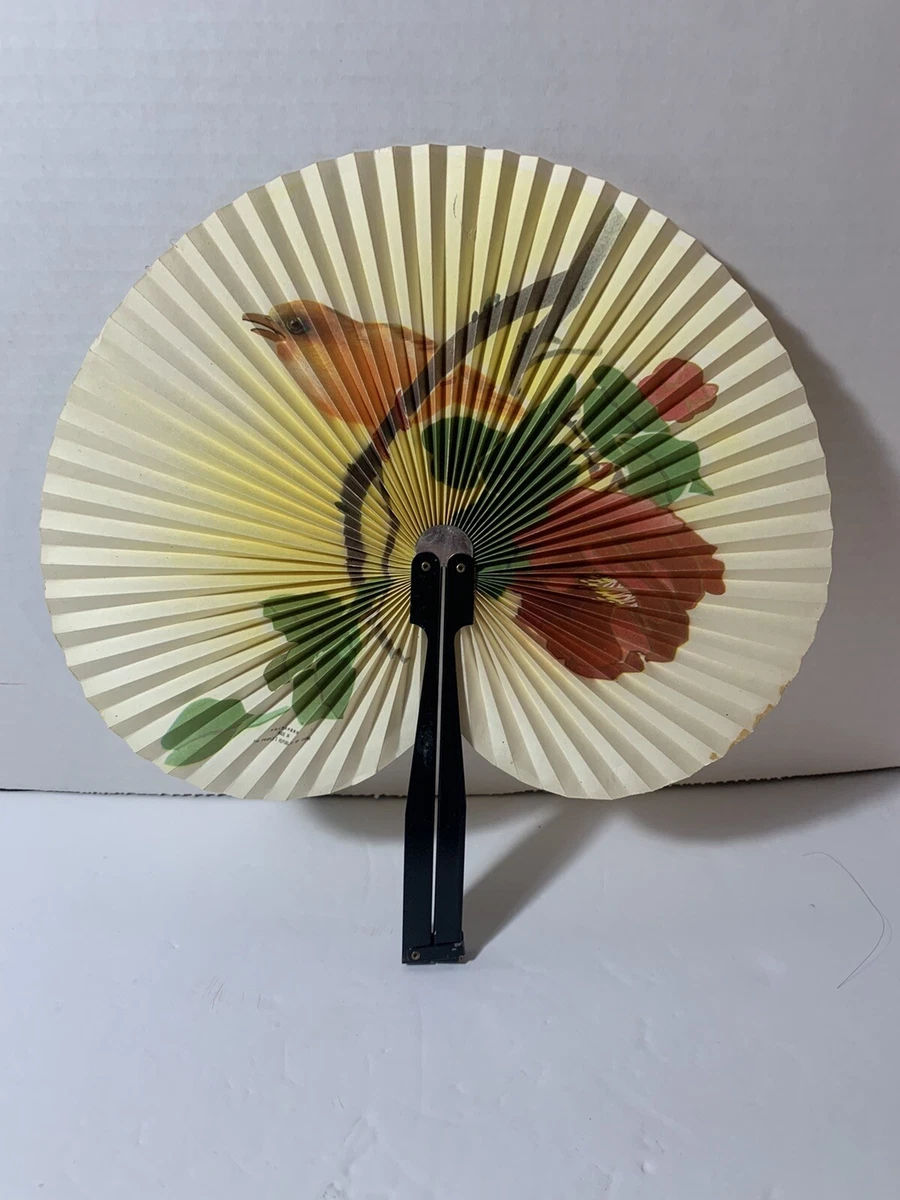 VINTAGE JAPANESE FOLDING PAPER FAN MADE IN PEOPLE S REPUBLIC OF CHINA BIRD EUC