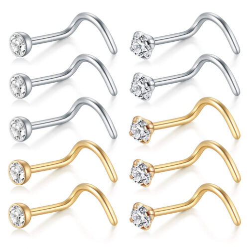 10PCS Nose Rings Studs Screw Surgical Steel Stone Zircon Ear Piercing Jewellery - Picture 13 of 14