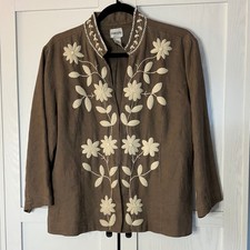 Chicos Linen Taupe Cream Floral Embroidery Jacket Size Large Chicos 2 Boho
