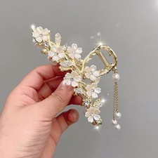Large Flower Hair Claw Clips for Women, Gold Pearl Rhinestone Hair Clips with