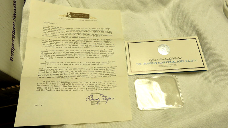 Franklin Mint Collector Society Membership Card & Medal - 1975 Sterling Silver