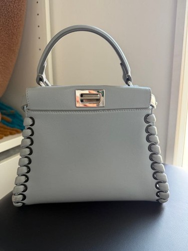FENDI Peekaboo Whipstitch Lace-Up Leather Light Blue 2Way Handbag w/ Strap Japan