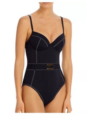 BLEU Rod Beattie A Fine Line Belted One-Piece Swimsuit Black Size 10 Mint Cond!
