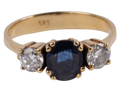 Vintage unique 3 stone 1.48ct. Ring with sapphire and brilliant ring 585 Gold