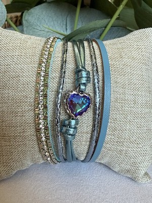 Ryze Party Vegan Leather Wrap Bracelet Heart Crystal Magnetic Clasp 7.5 
