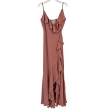 BHLDN Anthropologie Ruffled Wrap Maxi Dress Dusty Rose Pink V-Neck Gown US 4 NEW