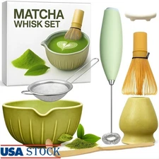 All in One Matcha Kit W/ Bowl Whisk Spoon Electric Frother Strainer Gift Set New