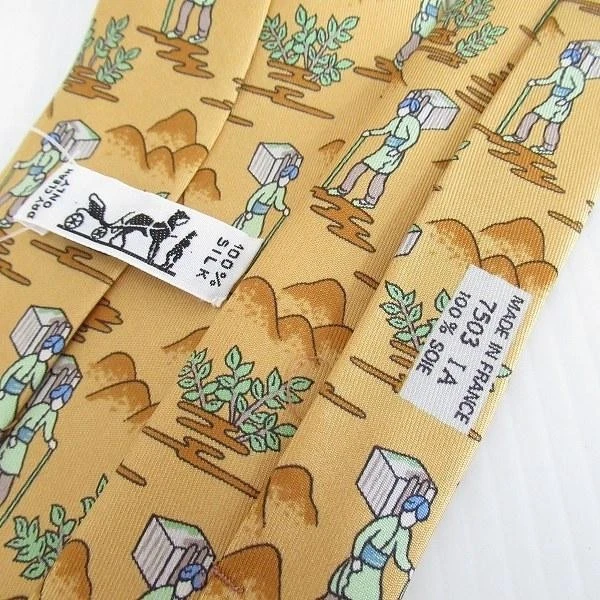 Corbata HERMES Amarillo Marrón Seda Logo vendedor de Japón N0211 46 Hecha en Francia Foto 4 de 4