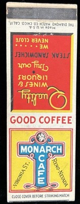 MONARCH Cafe Reno Nevada Vintage Front Striker Matchbook Cover B-5653